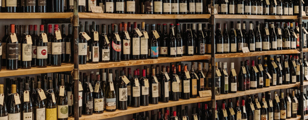 Bottles of wine on shelves in a wine shop in Connecticut